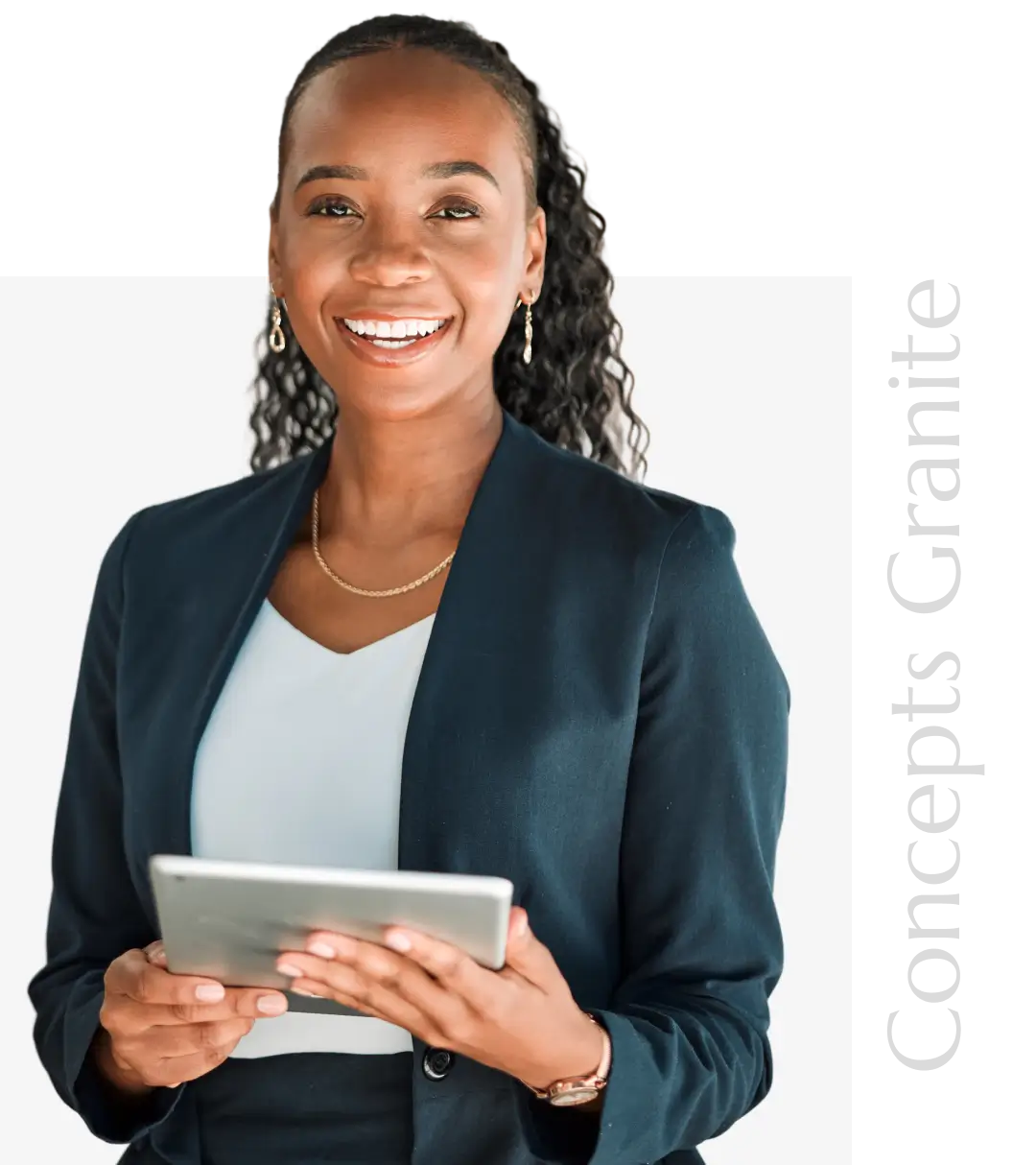 Smiling professional woman holding tablet device